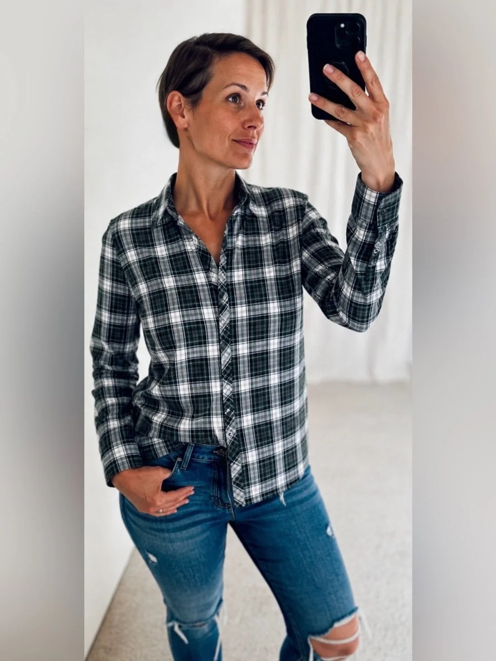 J. Crew Button Down Plaid Shirt Green Blue Black White 6